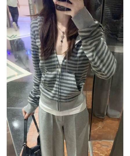 원본 원단 한 부서 스트라이프 허리 수축 후드 티 스웨터 여성 코트 가을 몸매 가꾸기 지퍼 오픈 가디건 맨위