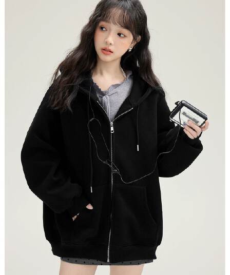 후아 면 복합 310 크 검정색 후드 티 스웨터 여성 한 부서 루즈핏 오픈 가디건 지퍼 가을 재킷 맨위