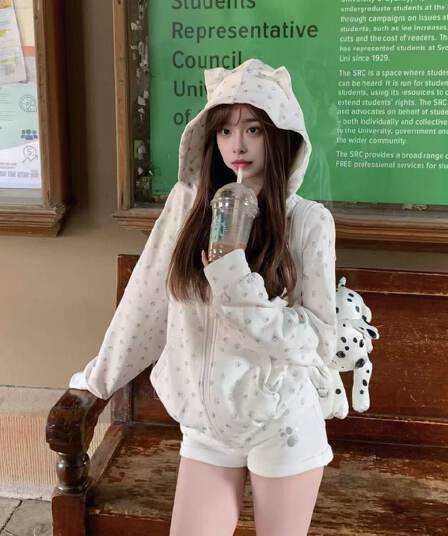 얇은 스타일 털이 있는 원본 은 분말 프린트 귀여운 새끼 고양이 귀 후드 오픈 가디건 후드티 여성 봄 가을 재킷