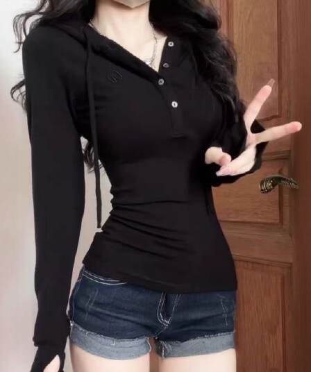 260 그램 사람들 면 아메리칸 핫걸 반 개방 V넥 단추 후드 긴팔 티셔츠 여성 이른 가을 슬림해 보이는 몸매 가꾸기