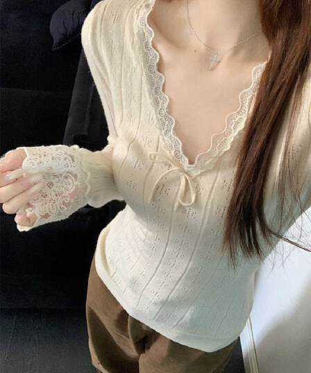 순수한 욕망 레이스 레이스 긴팔 니트 스웨터 여성 가을 겨울철 허리 수축 인사이드 가져 가라. 한 부서 착용 가져 가라. 아름다운 V넥 기본 셔츠