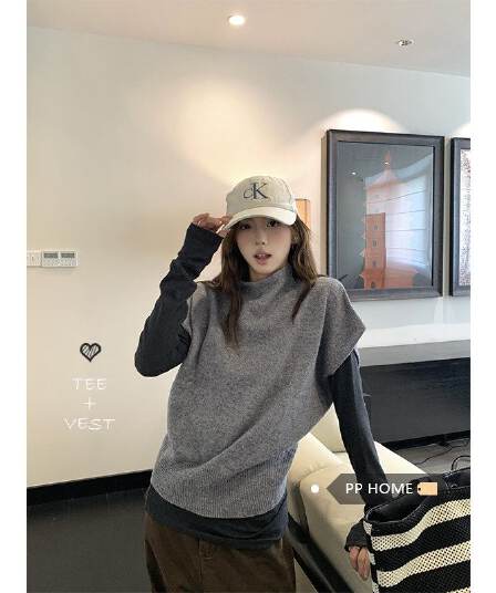 부드러운 바람 반하이넥 회색 반팔 스웨터 니트 스웨터 여성 가을 한 chic 스택 착용 몸매 가꾸기 기본 셔츠 맨위