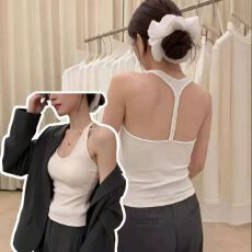 批发黑色挂脖美背吊带背心女带胸垫<b class='q'>文胸</b>一体打底露背外穿上衣