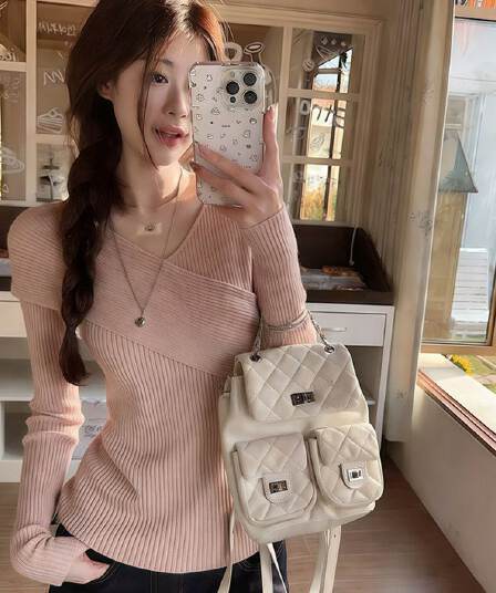 한 부서 핑크색 십자가 V넥 니트 스웨터 여성 봄 착용 가져 가라. 부드러운 몸매 가꾸기 슬림해 보이는 스웨터 만나는 인사이드 잡아라. 의류