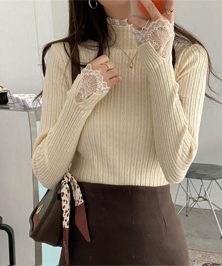 반하이넥 레이스 레이스 기본 셔츠 여성 가을 겨울 새로운 니트 인사이드 가져 가라. 스웨터 외국 가스 디자인 센스 몸매 가꾸기 맨위