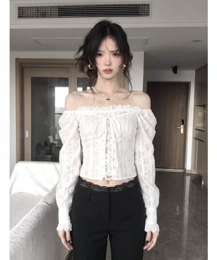 포함 면 원단 지퍼 명중 가져 가라. 프랑스식 복잡한 고대 칼라 자카드 원단 스트랩 거품 소매 쇼트 스타일 작은 셔츠
