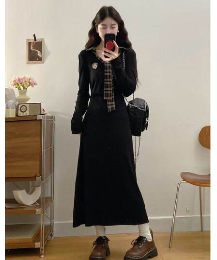 검정색 POLO 칼라 여성 드레스 봄 가을 긍정적 인 어깨 학원 스타일 마이크로 지방 mm 빅 사이즈 패치워크 체크무늬 롱 스커트 작은 검은 드레스