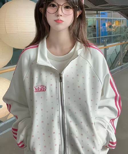레트로 별 스탠드 칼라 지퍼 후드티 여성 가을 겨울 학원 스타일 핑크색 도트 무늬 지퍼 섹션
