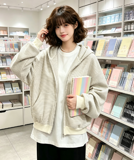 모방 면 복합 2026 이른 가을 스트라이프 후드 오픈 가디건 아메리칸 연령 감소 소녀 일상 루즈핏 다용도 캐주얼 후드티