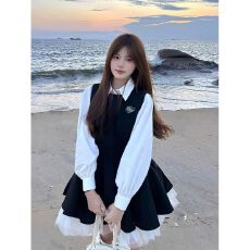 批发两件套#【带胸针】黑色<b class='q'>连衣裙</b>女秋季网纱撞色公主蓬蓬裙+白色上衣
