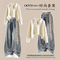 批发<b class='q'>时尚</b>套装#宽松显瘦内搭打底毛衣搭配美式慵懒松弛蕾丝花边阔腿裤