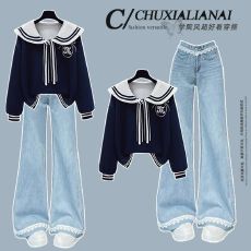 批发时尚套装#海军领宽松学院风减龄上衣搭配浅色蕾丝花边微喇牛仔裤