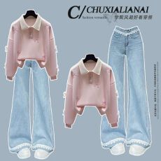 批发时尚套装#polo领蝴蝶结<b class='q'>刺绣</b>学院风卫衣搭配<b class='q'>蕾丝</b>花边微喇牛仔裤