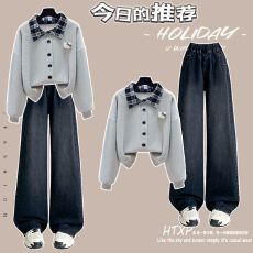 批发时尚套装#学院风格纹拼接polo领卫衣搭配百搭阔腿裤<b class='q'>松紧腰</b><b class='q'>牛仔裤</b>