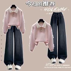 批发时尚套装#polo领蝴蝶结刺绣学院风卫衣搭配阔腿裤<b class='q'>松紧腰</b><b class='q'>牛仔裤</b>