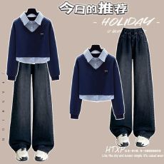 批发时尚套装#短款polo领卫衣假两件长袖搭配百搭阔腿裤<b class='q'>松紧腰</b><b class='q'>牛仔裤</b>