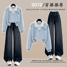 批发时尚套装#学院风假两件时尚宽松减龄上衣搭配阔腿裤<b class='q'>松紧腰</b><b class='q'>牛仔裤</b>