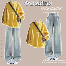 批发时尚套装#多巴胺美式复古休闲服立领长袖搭配<b class='q'>松紧腰</b>浅色<b class='q'>牛仔裤</b>