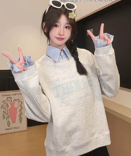 얇은 스타일 후드티 여성 봄 가을 새로운 한 부서 페이크 레이어드 루즈핏 가시 자수 스트라이프 POLO 칼라 맨위
