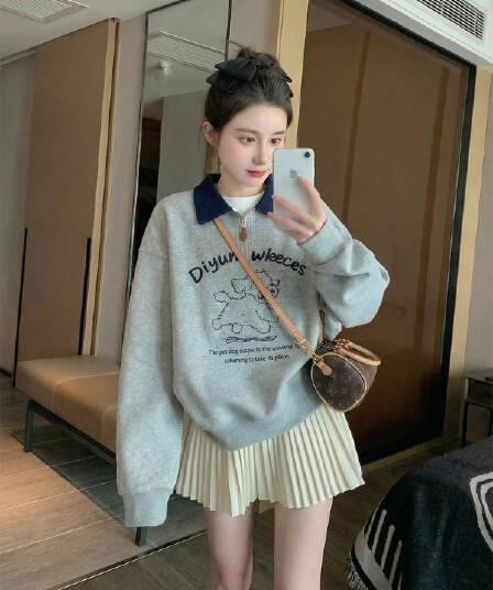 얇은 스타일 후드티 여성 의류 디자인 센스 새로운 지퍼 봄 가을 자수 루즈핏 배색 POLO 칼라 맨위