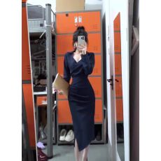 批发韩系藏青色条纹v领长袖衬衫连衣裙女秋季褶皱收腰短裙显瘦包臀裙