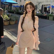 批发甜美长袖秋装短裙子修身连衣裙衬衫裙收腰蕾丝露肩翻领显瘦法式潮