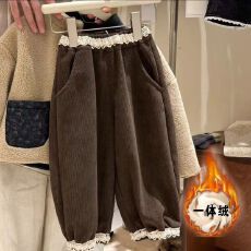 批发26年秋<b class='q'>冬</b>加绒加厚花边哈伦束脚裤女童加厚休闲裤保暖裤子女