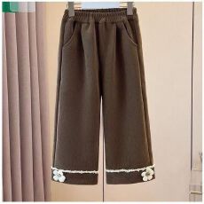 批发26年秋<b class='q'>冬</b>加绒加厚花边直筒宽松长裤女童加厚休闲裤保暖裤子女