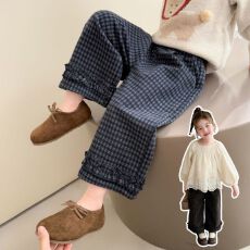 批发3岁6岁女童秋<b class='q'>冬</b>加绒加厚花边直筒宽松裤子女童加厚休闲裤保暖裤子