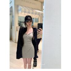 批发(原版质量270克人棉）花灰色V领吊带<b class='q'>连衣裙</b>女早秋纯欲A短裙