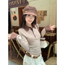 批发美拉德拼接格子<b class='q'>翻领</b>长袖<b class='q'>T</b><b class='q'>恤</b>女秋季修身显瘦百搭减龄上衣