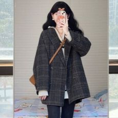 批发韩系大衣小香风盐系轻熟风格子毛呢外套高级感慵懒韩风衣中长款衣