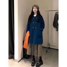 批发蓝色<b class='q'>翻领</b>双排扣毛呢外套女秋冬季气质休闲显瘦减龄中长款呢子大衣