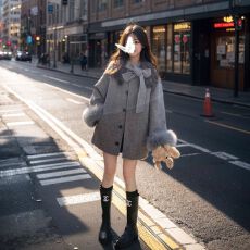 批发赫本风灰色毛呢外套女秋冬季新款中长款蝴蝶结呢子斗篷大衣小个子