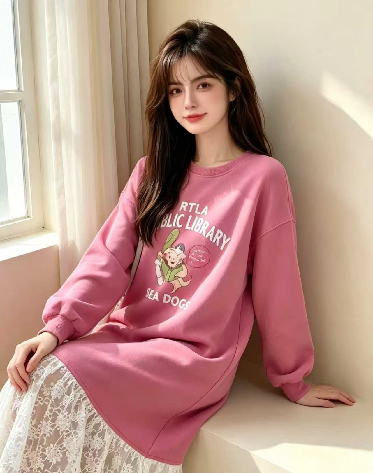 RY8362# 甜美风蕾丝拼接长袖卫衣裙女欧美秋季新款韩版宽松减龄长款连衣...