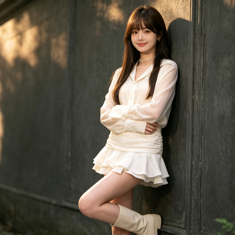 RY8357# 2026韩系白色荷叶边polo领长袖衬衫连衣裙女法式温柔风...
