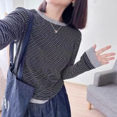 批发250克羊绒长袖t恤<b class='q'>打底衫</b>女装薄美式条纹秋季撞色圆领<b class='q'>韩版</b>上衣