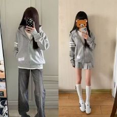 批发【华棉复合】秋冬三条杠连帽<b class='q'>开衫</b>卫衣女新款通勤外套情侣上衣潮