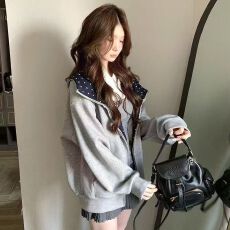 批发【华棉复合】新款韩系学院波点<b class='q'>开衫</b>连帽卫衣女韩版通勤外套上衣