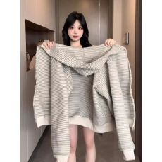 批发【原版面料】连帽卫衣外套女春秋慵懒拉链条纹<b class='q'>开衫</b>上衣早秋穿搭