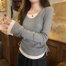 批发2026秋冬女装韩版气质撞色U领抽绳假两件针织<b class='q'>打底衫</b>长袖上衣潮