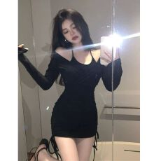 批发美式气质辣妹风性感连衣裙女秋冬设计感抽绳修身显瘦a字包臀<b class='q'>裙子</b>