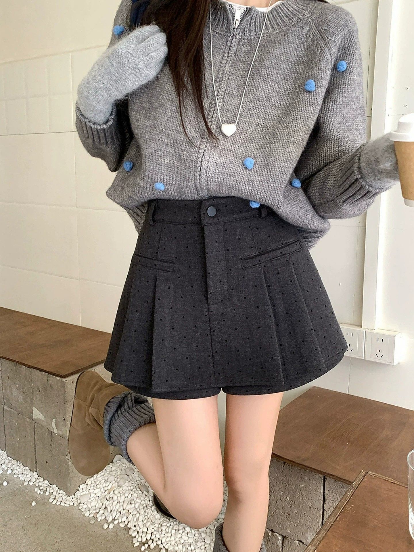 RY8850#毛呢半身裙miu系波点百褶裙裤女秋冬A字短裙裤
