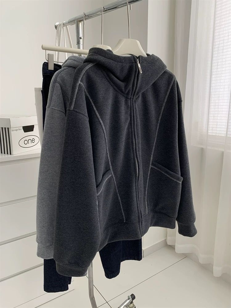 RY8839# 德绒复合真超特大码300斤加绒卫衣外套女冬季连帽拉链开衫