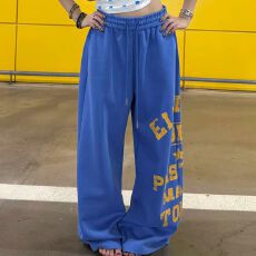 批发街头撞色字母印花卫裤男秋美式hiphop爵士舞<b class='q'>裤子</b>潮牌宽松阔腿长裤