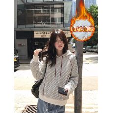 批发大码女装200斤加绒卫衣女秋冬条纹明线装饰连帽保暖上衣