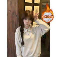 批发大码女装200斤加绒卫衣秋冬新款刺绣宽松娃娃领保暖上衣