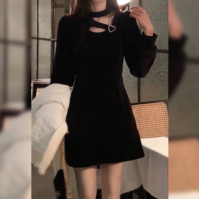 BY36610# 法式赫本风连衣裙女秋装高级感新款黑色显瘦配大衣内搭打底裙  服裝批發女裝批發服飾貨源