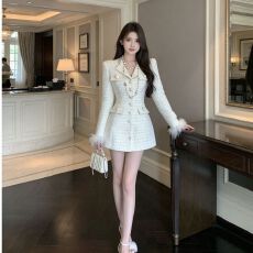 批发白色小香风收腰外套连衣裙女秋冬高级感粗花呢袖口毛绒西装领显瘦