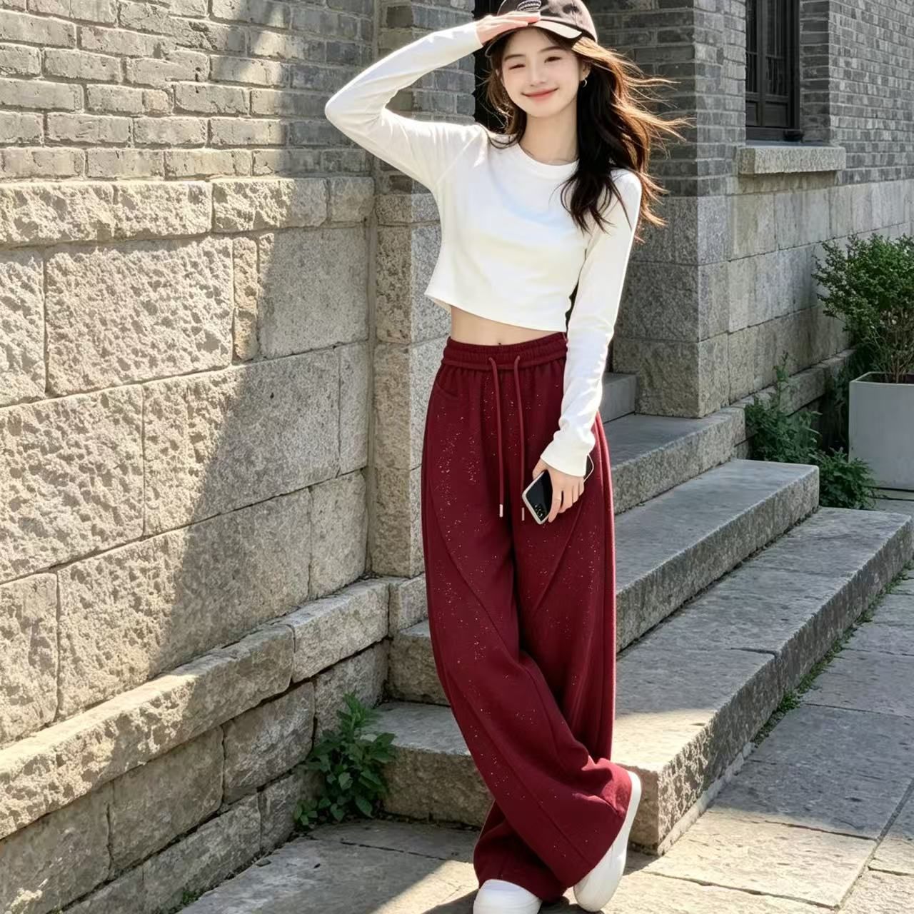 BY36604# 时尚通勤红色高级感阔腿裤女秋季新款高腰百搭显瘦直筒休闲裤  服裝批發女裝批發服飾貨源